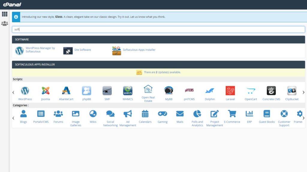 Screenshot of cPanel with Softaculous apps section.