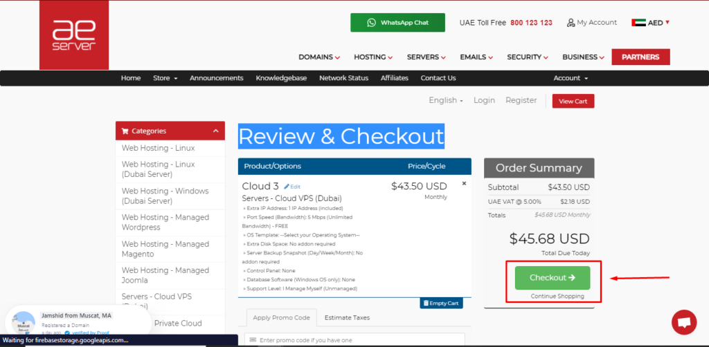 Web hosting checkout page with pricing